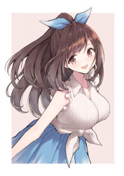 Rule 34 | 1girl, :d, blouse, blue bow, blue skirt, blush, bow, breasts, brown hair, cleavage, hair bow, highres, idolmaster, idolmaster shiny colors, kemololi, large breasts, long hair, looking at viewer, open mouth, patterned clothing, ponytail, shirt, simple background, skirt, sleeveless, sleeveless shirt, smile, solo, tied shirt, tsukioka kogane, two-tone background