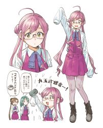 Rule 34 | 3girls, ahoge, akigumo (kancolle), arm up, blush, boots, brown hair, censored, commentary, cowboy shot, cross-laced footwear, crossed arms, depth charge, doraemon, doraemon (character), double bun, dress, full body, glasses, green eyes, green hair, grey legwear, hair bun, halterneck, hiro (chumo), identity censor, kantai collection, lace-up boots, long hair, long sleeves, makigumo (kancolle), multiple girls, multiple views, neck ribbon, pantyhose, pink hair, pleated dress, purple ribbon, ribbon, ringlets, school uniform, seamed legwear, shirt, sidelocks, simple background, single hair bun, sleeves past fingers, sleeves past wrists, speech bubble, standing, translation request, twintails, upper body, v-shaped eyebrows, very long hair, white background, white shirt, yellow eyes, yuugumo (kancolle)