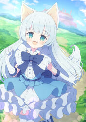 Rule 34 | 1girl, animal ears, blue eyes, blurry, blush, bokeh, bow, castle, commission, day, depth of field, detached collar, dress, fangs, frilled dress, frills, gloves, grass, grey hair, highres, long hair, looking at viewer, open mouth, original, outdoors, outstretched arm, path, road, short sleeves, skeb commission, sky, smile, solo, standing, standing on one leg, tail, thighhighs, tyakomis, very long hair, wolf ears, wolf girl, wolf tail