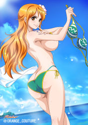 Rule 34 | 1girl, arm tattoo, ass, bangle, bikini, bracelet, breasts, butt crack, carrotluvr, closed mouth, feet out of frame, from behind, gluteal fold, green bikini, heart, highres, holding, holding bikini, holding bikini top, holding clothes, jewelry, large breasts, lips, long hair, looking at viewer, looking back, nami (one piece), one piece, orange hair, outdoors, rider (orange couture), side-tie bikini bottom, sideboob, sidelocks, smile, standing, swimsuit, tattoo, thighs, topless, undressing, unworn bikini top, water drop, wet