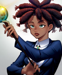 Rule 34 | 1girl, bello (kurobina bellon), braid, canary (hunter x hunter), collared shirt, dark-skinned female, dark skin, dress shirt, expressionless, fighting stance, green eyes, highres, holding, hunter x hunter, korean commentary, lips, long sleeves, looking to the side, shirt, simple background, solo, staff, upper body