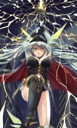 Rule 34 | 1girl, absurdres, artery gear, artery gear: fusion, black dress, black headwear, black thighhighs, breasts, cleavage, coat, dress, electricity, floating, floating object, green eyes, grey hair, highres, holding, holding staff, lancrof loxe, large breasts, long hair, nina (artery gear), red coat, staff, thighhighs, thighs, twintails