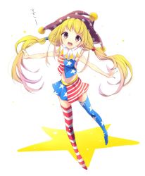 Rule 34 | 1girl, adapted costume, alternate legwear, american flag dress, american flag legwear, american flag shirt, blonde hair, blush, clownpiece, crop top, full body, hair ornament, hat, highres, jester cap, long hair, looking at viewer, midriff, miniskirt, nail polish, navel, neck ruff, open mouth, outstretched arms, polka dot, simple background, skirt, solo, star (symbol), striped clothes, striped thighhighs, thighhighs, touhou, twintails, uta (kuroneko), very long hair, white background, zettai ryouiki
