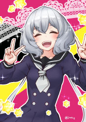 Rule 34 | 1girl, black sailor collar, blue dress, blush, breasts, closed eyes, commentary request, double v, dress, grey hair, grey neckerchief, highres, izumikuma, konno junko, long hair, long sleeves, low twintails, medium breasts, neckerchief, open mouth, sailor collar, sailor dress, smile, solo, sparkle, star (symbol), twintails, twitter username, v, very long hair, zombie land saga