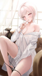 Rule 34 | 1girl, absurdres, bad id, bad twitter id, bare shoulders, barefoot, between legs, black bra, black panties, blush, bra, unworn bra, breasts, cleavage, collared shirt, couch, dress shirt, hand between legs, highres, index finger raised, indoors, knee up, kottungyang, long shirt, long sleeves, medium breasts, mole, mole under eye, off shoulder, on couch, open mouth, original, panties, panty pull, partially unbuttoned, red eyes, see-through, shirt, short hair, sitting, solo, sweat, thighs, underwear, white hair, white shirt