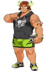 Rule 34 | 1boy, american football, american football helmet, animal ears, bara, biceps, bike shorts, brown eyes, brown hair, bulge, cow boy, cow ears, cow horns, dark-skinned male, dark skin, facepaint, facial hair, feather necklace, fiery horns, forked eyebrows, from side, full body, goatee, helmet, hood, hoodie, horns, jewelry, kuro nezumi inu, large pectorals, male focus, muscular, muscular male, native american, necklace, official alternate costume, official art, pectoral cleavage, pectorals, pointing, pointing at self, shoes, short hair, sneakers, socks, solo, sportswear, thick eyebrows, thighs, tokyo houkago summoners, transparent background, wakan tanka