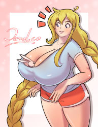 Rule 34 | 1girl, between breasts, blonde hair, blue eyes, braid, breasts, bursting breasts, cassie (theycallhimcake), cleavage, dazol, gigantic breasts, humphrey (cake), long hair, non-web source, original, parted lips, plump, smile, solo, standing, thick thighs, thighs, twintails, very long hair, wide hips