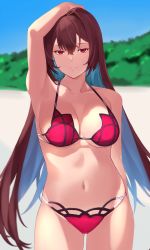 Rule 34 | 1girl, arm up, beach, bikini, blue sky, breasts, day, fate/grand order, fate (series), hair intakes, highres, horizon, kameponde, large breasts, looking at viewer, navel, outdoors, pink bikini, purple bikini, purple hair, red eyes, sand, scathach (fate), scathach (fate), scathach (fate/grand order), scathach (swimsuit assassin) (fate), sky, smile, solo, swimsuit, tree