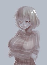 Rule 34 | 10s, 1girl, breast hold, breasts, crossed arms, earrings, female focus, greyscale, highres, hikage (senran kagura), huge breasts, jewelry, jiffic, large breasts, monochrome, pencil as mustache, pinky out, puckered lips, ribbed sweater, senran kagura, short hair, slit pupils, solo, sweater, turtleneck, upper body