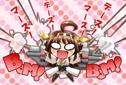 Rule 34 | 10s, 1girl, :d, boots, brown hair, chibi, double bun, firing, hair ornament, hairband, kanno takanori, kantai collection, kongou (kancolle), long hair, nontraditional miko, o o, open mouth, personification, pleated skirt, skirt, smile, solo, thigh boots, thighhighs