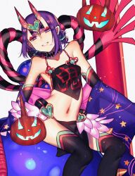Rule 34 | 1girl, bare shoulders, black fundoshi, breasts, chinese clothes, detached sleeves, dudou, fate/grand order, fate (series), fundoshi, headpiece, highres, horns, japanese clothes, looking at viewer, navel, oni, pumpkin, purple eyes, purple hair, revealing clothes, short eyebrows, short hair, shuten douji (fate), shuten douji (fate/grand order), shuten douji (halloween caster) (fate), sitting, skin-covered horns, small breasts, smile, solo, star (symbol), star print, thighhighs, yatatashira