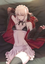 Rule 34 | 1girl, apron, arm at side, arm behind head, arm up, armpits, artoria pendragon (all), artoria pendragon (alter swimsuit rider) (fate), artoria pendragon (alter swimsuit rider) (second ascension) (fate), artoria pendragon (fate), bare shoulders, bed sheet, bikini, black bikini, black jacket, black ribbon, black thighhighs, blonde hair, braid, breasts, breasts apart, collarbone, cowboy shot, emoshon, empty eyes, eyelashes, facing viewer, fate/grand order, fate (series), french braid, frilled apron, frilled bikini, frills, groin, hair between eyes, hair ribbon, half-closed eyes, halterneck, highres, jacket, jitome, long sleeves, looking at viewer, lying, maid, maid apron, maid bikini, maid headdress, medium breasts, navel, on back, open clothes, open jacket, open mouth, pale skin, platinum blonde hair, ribbon, saber alter, short hair, sidelocks, single braid, solo, stomach, swimsuit, thighhighs, tsurime, unconventional maid, underboob, waist apron, white apron, yellow eyes, zettai ryouiki