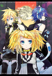 Rule 34 | 1girl, 2boys, animal ears, belt, black leotard, black thighhighs, blonde hair, blue eyes, blue hair, blue trim, cat ears, cat tail, choker, cropped jacket, detached sleeves, dress, expressionless, fish, flat chest, gold trim, hair between eyes, hair ornament, hairclip, headphones, headphones around neck, headset, jacket, kagamine len, kagamine rin, kaito (vocaloid), leotard, letterboxed, lowres, migikata no chou (vocaloid), mikipa, multicolored clothes, multicolored jacket, multiple belts, multiple boys, out of frame, pleated dress, project diva (series), punkish (module), reactor (module), roshin yuukai (vocaloid), short hair, short shorts, shorts, spiked hair, tagme, tail, thighhighs, twintails, two-tone bow, two-tone dress, two-tone jacket, vocaloid