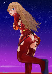 Rule 34 | 1girl, absurdres, alternate breast size, artist request, ass grab, blue eyes, blush, bodysuit, breasts, brown hair, cleavage, covering privates, embarrassed, evangelion: 3.0+1.0 thrice upon a time, foreshortening, grabbing own ass, hair between eyes, hair down, highres, large breasts, long hair, looking at viewer, looking back, neon genesis evangelion, night, night sky, no headgear, pilot suit, plugsuit, rebuild of evangelion, red bodysuit, sky, solo, souryuu asuka langley, standing, standing on one leg, tears, thighs, torn bodysuit, torn clothes, wardrobe malfunction, wide hips