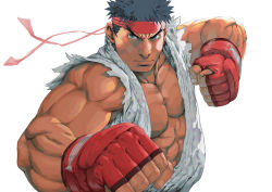 Rule 34 | 1boy, abs, black hair, clenched hands, closed mouth, dougi, fighting stance, fingerless gloves, gloves, headband, large pectorals, male focus, muscular, muscular male, nt (gun-ash), pectorals, red gloves, red headband, ryu (street fighter), short hair, simple background, solo, street fighter, street fighter 6, torn clothes, upper body, white background