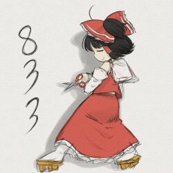 1girl 833_(cookie) ahoge black_hair bow character_name closed_eyes closed_mouth commentary_request cookie_(touhou) detached_sleeves from_behind full_body geta grey_background hair_bow hair_tubes hakurei_reimu holding holding_scissors name_connection nekocookie114 object_namesake red_bow red_shirt red_skirt ribbon-trimmed_sleeves ribbon_trim scissors shirt short_hair short_ponytail simple_background skirt sleeveless sleeveless_shirt smile socks solo touhou white_sleeves white_socks