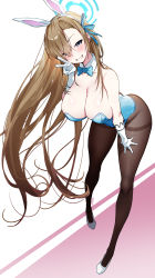 Rule 34 | 1girl, absurdres, animal ears, asuna (blue archive), asuna (bunny) (blue archive), bare shoulders, blue archive, blue eyes, blue leotard, blush, breasts, brown pantyhose, cleavage, collarbone, detached collar, elbow gloves, fake animal ears, full body, gloves, grin, hair over one eye, halo, highleg, highleg leotard, highres, large breasts, leotard, light brown hair, long hair, looking at viewer, mole, mole on breast, pantyhose, playboy bunny, rabbit ears, smile, solo, thighband pantyhose, tochi keisuke, v, very long hair, white gloves