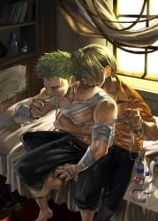 Rule 34 | 2boys, bad id, bandages, barefoot, bed, biting, blonde hair, blue eyes, book, bookshelf, boots, bottle, cotton ball, earrings, green hair, hair over one eye, jewelry, male focus, map, multiple boys, one piece, rope, roronoa zoro, sanji (one piece), scar, shelf, sitting, topless male, window, yaoi