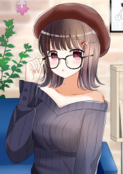Rule 34 | 1girl, :o, adjusting eyewear, bad id, bad pixiv id, bare shoulders, beret, black-framed eyewear, black sweater, blurry, blurry background, blush, breasts, brick wall, brown hair, brown hat, cat hair ornament, collarbone, commentary request, couch, depth of field, fingernails, glasses, hair ornament, hairclip, hand up, hat, highres, indoors, long sleeves, medium breasts, nail polish, off-shoulder sweater, off shoulder, original, parted lips, pink nails, red eyes, revision, ribbed sweater, ryoutan, sleeves past wrists, solo, sweater, upper body