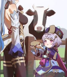 Rule 34 | 2girls, absurdres, animal, bandaged arm, bandages, bead necklace, beads, black bodysuit, black gloves, blue hair, blush, bodysuit, breasts, coconut, coin hair ornament, cow, detached sleeves, dress, fence, ganyu (genshin impact), genshin impact, gloves, hair ornament, hat, head out of frame, height difference, highres, holding, jewelry, jiki (gkdlfnzo1245), large breasts, long hair, multiple girls, nail polish, necklace, ofuda, outdoors, pantyhose, parted lips, pink eyes, purple hair, qiqi (genshin impact), shorts, sweat, tassel, vision (genshin impact)