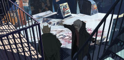 Rule 34 | 2boys, arrow (symbol), balcony, black coat, black pants, blonde hair, coat, commentary request, cowboy shot, dumpster, from above, graffiti, grate, green coat, highres, jack atlas, kiryu kyosuke, looking at another, male focus, manhole, medium hair, morikura (tytoalbaski), multiple boys, open mouth, outstretched arms, pants, railing, red shirt, scapegoat, sewer grate, shirt, short hair, sign, spiked hair, spread arms, stairs, standing, white hair, yellow eyes, yu-gi-oh!, yu-gi-oh! 5d&#039;s