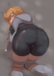 Rule 34 | 1girl, absurdres, ahoge, all fours, ass, bike shorts, black shorts, blonde hair, blue eyes, blush, braid, from behind, grey background, grey thighhighs, hair between eyes, highres, hood, hood down, hooded jacket, indie virtual youtuber, jacket, long hair, looking at viewer, looking back, muisha 314, open mouth, shorts, simple background, solo, thighhighs, virtual youtuber, whiskey project
