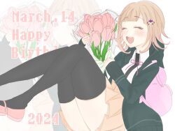 Rule 34 | 1girl, 2024, :d, backpack, bag, black jacket, black shirt, black thighhighs, blunt bangs, blush, bouquet, brown hair, closed eyes, danganronpa (series), danganronpa 2: goodbye despair, dated, dress shirt, flower, happy birthday, highres, holding, holding bouquet, jacket, multiple views, nanami chiaki, neck ribbon, open clothes, open jacket, open mouth, pink bag, pink eyes, pink flower, pink footwear, pink ribbon, ribbon, san dong, shirt, smile, teeth, thighhighs, upper teeth only, white shirt, zoom layer