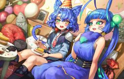 Rule 34 | 2girls, absurdres, animal ears, antenna hair, balloon, blue dress, blue hair, blue lips, blush, breasts, brown eyes, cat ears, cat girl, cat tail, commission, dress, fangs, gradient hair, green eyes, hat, heterochromia, highres, huge antenna hair, indoors, large breasts, long hair, looking at another, looking at viewer, melaton, multicolored hair, multiple girls, open mouth, original, party hat, short hair, sitting, skeb commission, sleeveless, sleeveless dress, tail, teeth, twintails, upper teeth only, wavy hair