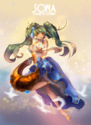 Rule 34 | 1girl, bare shoulders, breasts, brown eyes, character name, cleavage, copyright name, dress, high heels, highres, huge breasts, large breasts, league of legends, legs, long hair, looking at viewer, nal (nal&#039;s pudding), orange eyes, outstretched arm, shoes, solo, sona (league of legends), twintails, very long hair