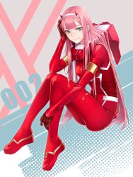 Rule 34 | 10s, 1girl, :q, aqua eyes, blush, bodysuit, breasts, character name, chimachi, commentary request, darling in the franxx, dripping, full body, gold trim, hairband, hand on own face, highres, honey, horns, knees up, licking lips, lips, long hair, looking at viewer, medium breasts, pilot suit, pink hair, red bodysuit, sitting, skin tight, smile, solo, text focus, tongue, tongue out, zero two (darling in the franxx)