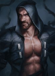 Rule 34 | 1boy, abs, bara, beard, black jacket, dark-skinned male, dark skin, facial hair, hood, hood up, hooded jacket, jacket, large pectorals, looking at viewer, male focus, mature male, muscular, muscular male, nick300, open clothes, open jacket, overwatch, overwatch 1, pectoral cleavage, pectorals, reaper (overwatch), scar, scar on chest, scar on face, scar on forehead, short hair, solo, stomach, thick eyebrows, upper body