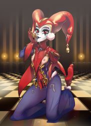 Rule 34 | 1girl, bodysuit, breasts, chrono cross, cum, facepaint, female focus, full body, gloves, harem pants, harle (chrono cross), harlequin, hat, highres, jester, jester cap, jewelry, leotard, looking at viewer, pants, polyle, pom pom (clothes), red eyes, red gloves, red leotard, see-through, see-through sleeves, smile, solo, tassel