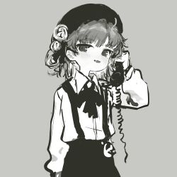 Rule 34 | 1girl, absurdres, arm at side, beret, collared shirt, corded phone, cowboy shot, fang, flower, greyscale, hair flower, hair ornament, hair ribbon, hand up, hat, hatoba tsugu, highres, holding, holding phone, long sleeves, looking at viewer, loose neck ribbon, mole, mole under eye, monochrome, neck ribbon, phone, ribbon, shirt, short hair, sideways glance, simple background, single hair ring, skin fang, skirt, smile, solo, suspender skirt, suspenders, tsugu (vtuber), virtual youtuber, yamori no o