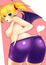 Rule 34 | 1girl, arcana heart, arcana heart 2, ass, ass focus, bat wings, bike shorts, blonde hair, blue eyes, breasts, earrings, examu, fang, heart, jewelry, lilica felchenerow, looking at viewer, nipples, parted lips, shiny clothes, short hair, smile, solo, tomatto (@ma!), topless, twintails, wings