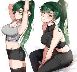 Rule 34 | 1girl, arm behind head, arm up, armpits, asymmetrical bangs, blush, breasts, cleavage, collar, earrings, fire emblem, fire emblem: the blazing blade, green eyes, green hair, hairband, halterneck, high ponytail, highres, horns, jewelry, large breasts, long hair, looking at viewer, lyn (fire emblem), midriff, multiple views, nintendo, one eye closed, ormille, panties, ponytail, shorts, simple background, sitting, stretching, tank top, thighhighs, underwear, very long hair, white background