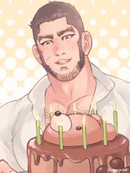 Rule 34 | 1boy, animal-themed food, animal print, bara, bear print, beard, birthday, black hair, blush, buzz cut, cake, candle, chest hair peek, collared shirt, facial hair, food, goatee stubble, golden kamuy, hairy, happy, holding, holding cake, holding food, large pectorals, long sideburns, male focus, mature male, muscular, muscular male, nopinzo, pectoral cleavage, pectorals, scar, shirt, short hair, sideburns, smile, solo, stubble, tanigaki genjirou, thick eyebrows, upper body, very short hair
