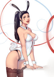 Rule 34 | 1girl, animal ears, bare shoulders, black hair, black panties, blue eyes, bow, bowtie, breasts, brown thighhighs, cleavage, covered erect nipples, detached collar, dulapda, earrings, facial mark, fake animal ears, freckles, heart, high ponytail, highleg, highleg leotard, highleg panties, highres, jewelry, large breasts, leotard, lips, lipstick, makeup, nail polish, original, panties, parted lips, playboy bunny, ponytail, rabbit ears, rabbit tail, red lips, red nails, smile, solo, strapless, strapless leotard, tail, thighhighs, underwear, white bow, white leotard, wrist cuffs