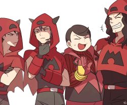 Rule 34 | +++, 4boys, belt, belt buckle, brown hair, buckle, capelet, closed eyes, closed mouth, commentary, creatures (company), fake horns, frown, game freak, gloves, grin, half-closed eyes, hand on own chin, headset, hood, hood up, hooded capelet, horns, multiple boys, nintendo, open mouth, pants, pokemon, pokemon oras, pokemon rse, red capelet, short hair, smile, ssalbulre, stroking own chin, sweatdrop, tabitha (pokemon), team magma, team magma grunt, team magma uniform, teeth, tongue