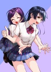 Rule 34 | 2girls, absurdres, blue hair, bow, breasts, female focus, ghode (basashi), glomp, highres, hug, long hair, love live!, love live! school idol project, low twintails, multiple girls, open mouth, otonokizaka school uniform, purple hair, school uniform, simple background, skirt, smile, sonoda umi, tojo nozomi, twintails, yellow eyes