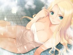 Rule 34 | 00s, 1girl, adjusting hair, bath, blonde hair, blush, breasts, cleavage, date wingfield reiko, fault!!, game cg, green eyes, large breasts, legs, long hair, looking at viewer, nude, partially submerged, sitting, smile, solo, steam, thighs, tony taka, towel, water, wet