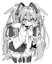Rule 34 | 1girl, absurdres, angry, breasts, cowboy shot, detached sleeves, grey background, greyscale, hair between eyes, hand on own hip, hands on own hips, hatsune miku, headphones, highres, leaning forward, long hair, long sleeves, monochrome, necktie, pleated skirt, puffy cheeks, sasami (ki), simple background, skirt, standing, thighhighs, twintails, very long hair, vocaloid