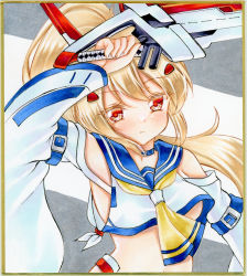 Rule 34 | 1girl, arm up, ayanami (azur lane), azur lane, bare shoulders, blonde hair, blush, choker, commentary request, crop top, detached sleeves, graphite (medium), hair between eyes, headgear, highres, holding, holding sword, holding weapon, long hair, looking at viewer, marker (medium), neckerchief, nekofish666, ponytail, portrait, red eyes, shirt, solo, sword, traditional media, weapon, white shirt, white sleeves, yellow neckerchief