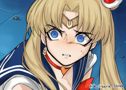 Rule 34 | 1girl, artist request, bishoujo senshi sailor moon, blonde hair, blue background, blue eyes, blue sailor collar, choker, crescent, crescent earrings, derivative work, earrings, from above, hair ornament, heart, jewelry, long hair, long twintails, looking at viewer, meme, red choker, sailor collar, sailor moon, sailor moon redraw challenge (meme), sailor senshi uniform, screenshot redraw, shirt, short sleeves, signature, solo, tsukino usagi, twintails, twitter username, upper body, white shirt