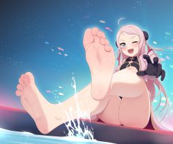 Rule 34 | 1girl, ;d, absurdres, ahoge, bare legs, barefoot, black gloves, black shirt, blue eyes, blush, breasts, bun cover, china dress, chinese clothes, coat, commentary, commission, dot nose, dress, english commentary, eutopia (love live!), feet, fish, fish background, foot focus, full body, gloves, hair ornament, highres, legs, long coat, long hair, looking at viewer, love live!, love live! nijigasaki high school idol club, maidforge, mixed-language commentary, mole, mole under eye, official alternate costume, one eye closed, open mouth, pink coat, pink hair, shirt, sitting, smile, soles, solo, splashing, tassel, tassel hair ornament, thighs, toes, two side up, v-shaped eyebrows, water, wet, zhong lanzhu