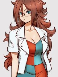 Rule 34 | 1girl, adapted costume, android 21, black-framed eyewear, blue eyes, breasts, checkered clothes, checkered dress, cleavage, coat, collarbone, dragon ball, dragon ball fighterz, dress, earrings, grey background, hair between eyes, hoop earrings, jewelry, kemachiku, long hair, looking at viewer, medium breasts, red hair, short sleeves, simple background, solo, white coat
