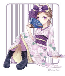 Rule 34 | 1girl, boots, brown hair, copyright request, covering own mouth, full body, hand fan, highres, japanese clothes, kimono, kujouyami8221, mole, mole under eye, original, outline, outside border, pantyhose, purple eyes, purple pantyhose, short hair, sitting, solo, symbol-shaped pupils, yukata