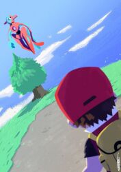Rule 34 | baseball cap, blue sky, cococo029, creatures (company), day, deoxys, deoxys (normal), floating, game freak, gen 3 pokemon, grass, hat, highres, looking at another, looking at viewer, mythical pokemon, nature, nintendo, pokemon, pokemon (creature), pokemon frlg, red (pokemon), sky, tentacles, tree
