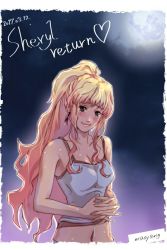Rule 34 | blonde hair, blue eyes, macross, macross frontier, masyang fb7, midriff, multicolored hair, own hands clasped, own hands together, ponytail, sheryl nome, solo, sweat, tank top, two-tone hair