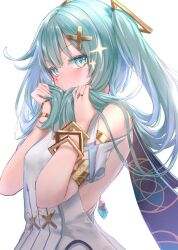 Rule 34 | 1girl, aqua hair, aqua nails, blush, bracelet, clothing cutout, commentary request, cowlick, dress, faruzan (genshin impact), genshin impact, green eyes, hair ornament, highres, jewelry, kachayori, long hair, looking at viewer, playing with own hair, ring, shoulder cutout, solo, sparkle, symbol-shaped pupils, triangle-shaped pupils, twintails, white background, white dress, wristlet, x hair ornament