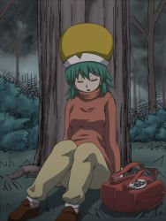 Rule 34 | 1girl, awa, backpack, bag, breasts, brown footwear, closed eyes, facing viewer, female focus, forest, green hair, hat, headwear request, hunter x hunter, knees up, legs together, long sleeves, medium breasts, nature, on floor, on grass, open mouth, outdoors, pants, ponzu, randoseru, shoes, short hair, sitting, sleeping, solo, tree, turtleneck, unconscious